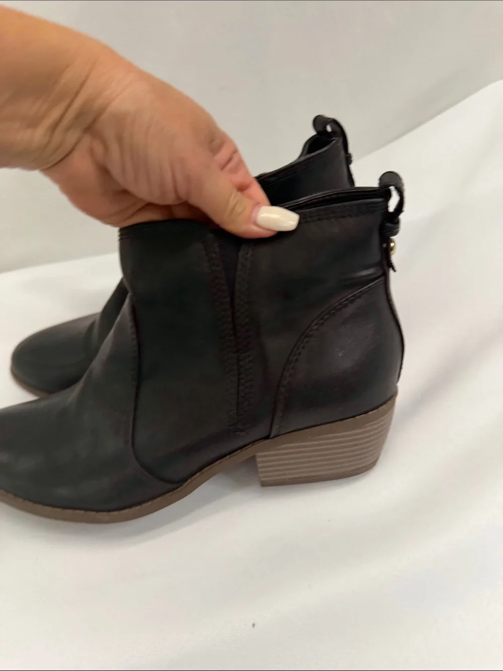 G by Guess Black Leather Ankle Booties with Gold Zip Pull